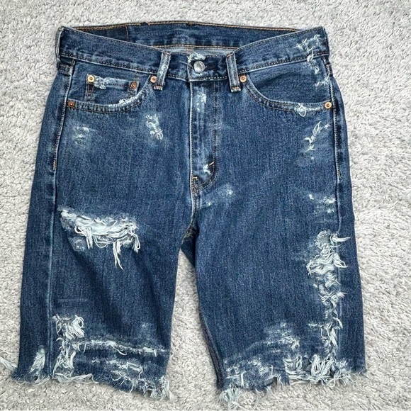 Levi's Shorts Mens 30 Jeans Cut Offs Denim Reworked Distressed Holes Raw Hem 505 - Picture 1 of 7